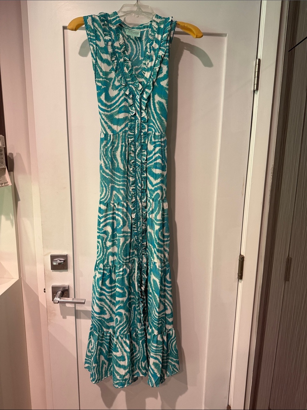Sleeveless Teal and White Ruffle-Front Maxi Dress/beach cover up